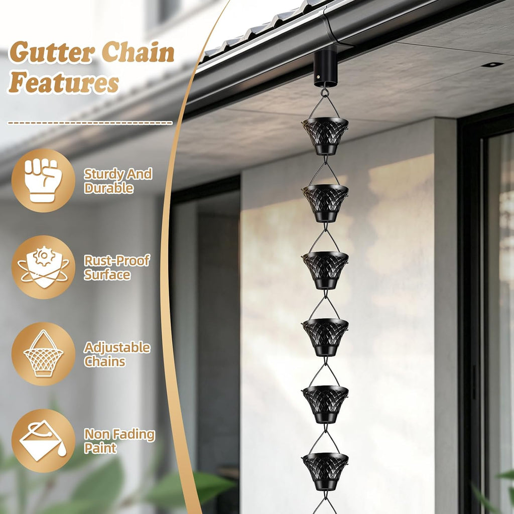 8.5 FT Black Rain Chain with Adapter for Gutters Downspouts Outside | 16 Cups, Large Opening to Avoid Splashing, Easy