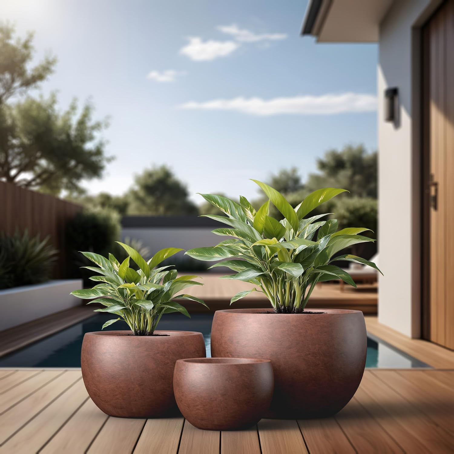 Kante Set of 3 Rusty Concrete Bowl Planters 19.9" 15.7" 11.8" Dia | Drainage for Outdoor, Rubber Plug for Indoor Home