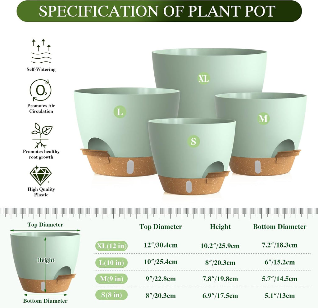 Plant Pots, 4 Pack 12/10/9/8 Inch Self Watering Pots with Drainage Holes, Water Level Indicator Deep Reservoir, Large