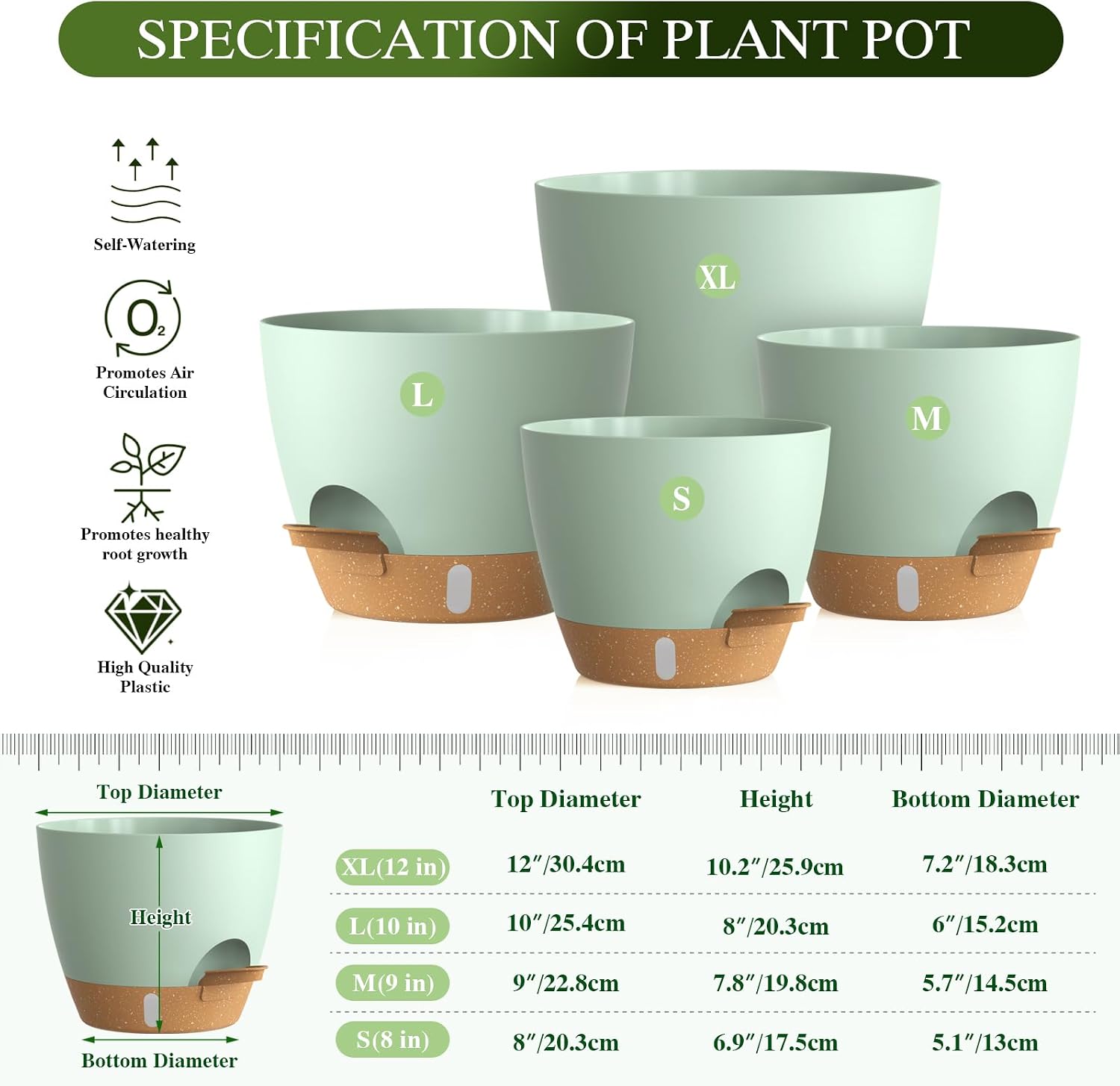 Plant Pots, 4 Pack 12/10/9/8 Inch Self Watering Pots with Drainage Holes, Water Level Indicator Deep Reservoir, Large