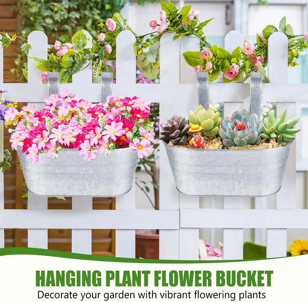 OBTANIM 4 Pack Metal Hanging Flower Pots Iron Railing Planter Outdoor Fence Hanging Pots Bucket Plant Holder with