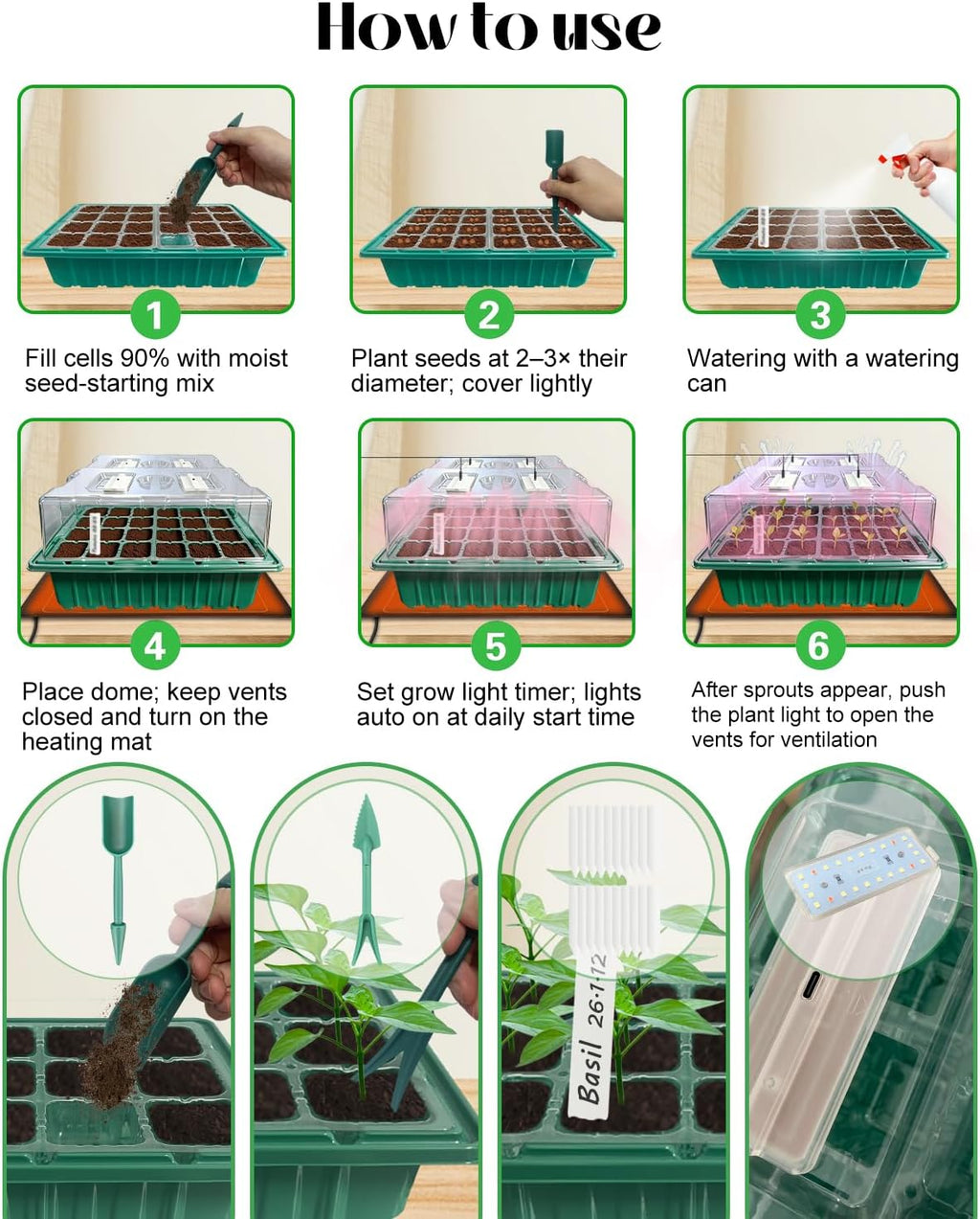 Seed Starter Trays with Grow Lights and Heat Mat, 2 Pack for Seed Starting | Seed Starter Kit with Humidity Dome and