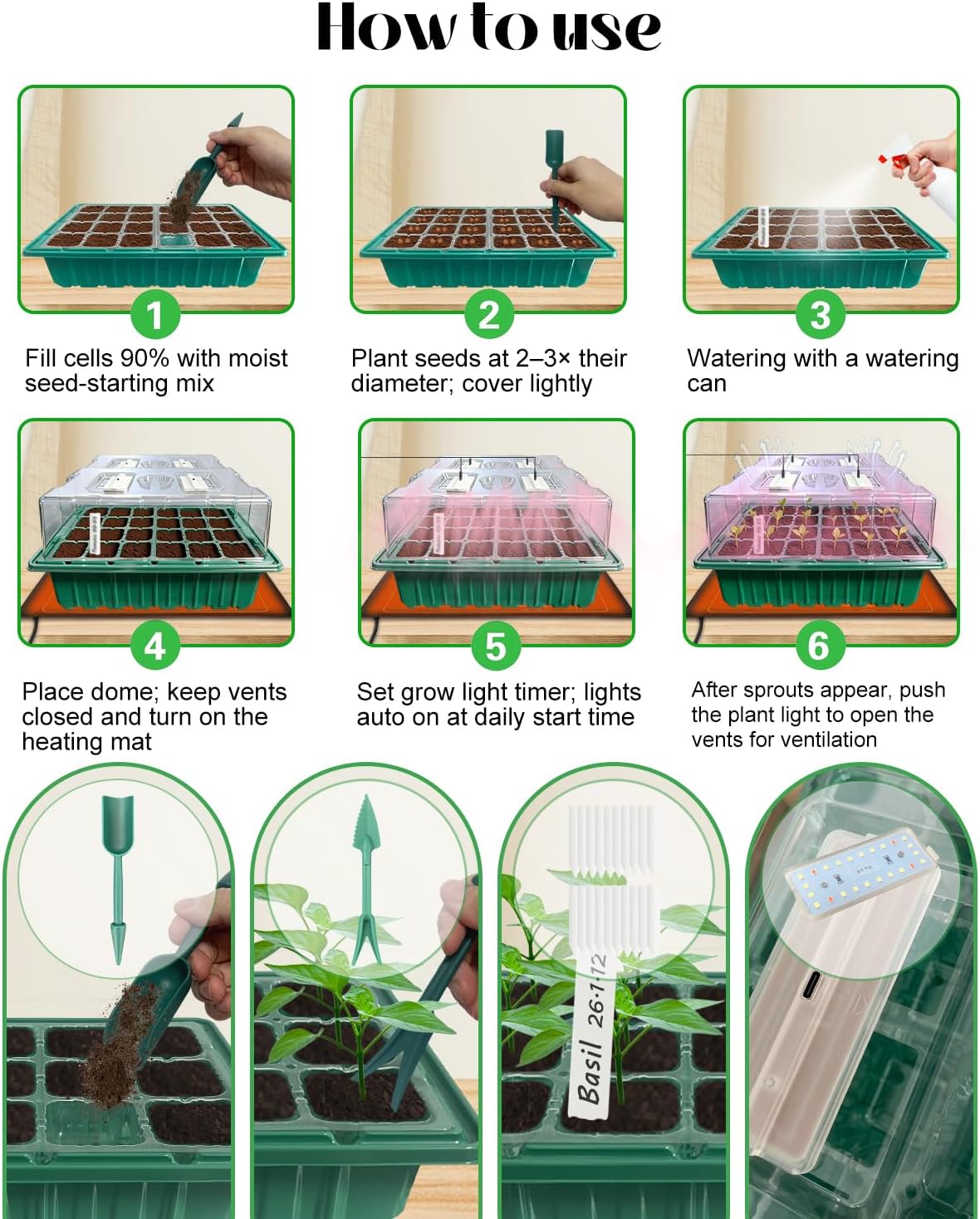 Seed Starter Trays with Grow Lights and Heat Mat, 2 Pack for Seed Starting | Seed Starter Kit with Humidity Dome and