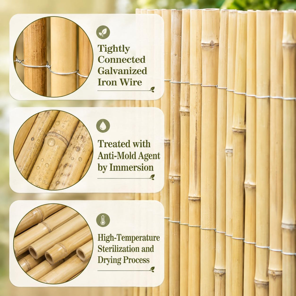 3 x 6FT 0.9-1.1in Large Diameter Bamboo Fence Panel for Garden, Patio, Pool, Balcony & Indoor Divider