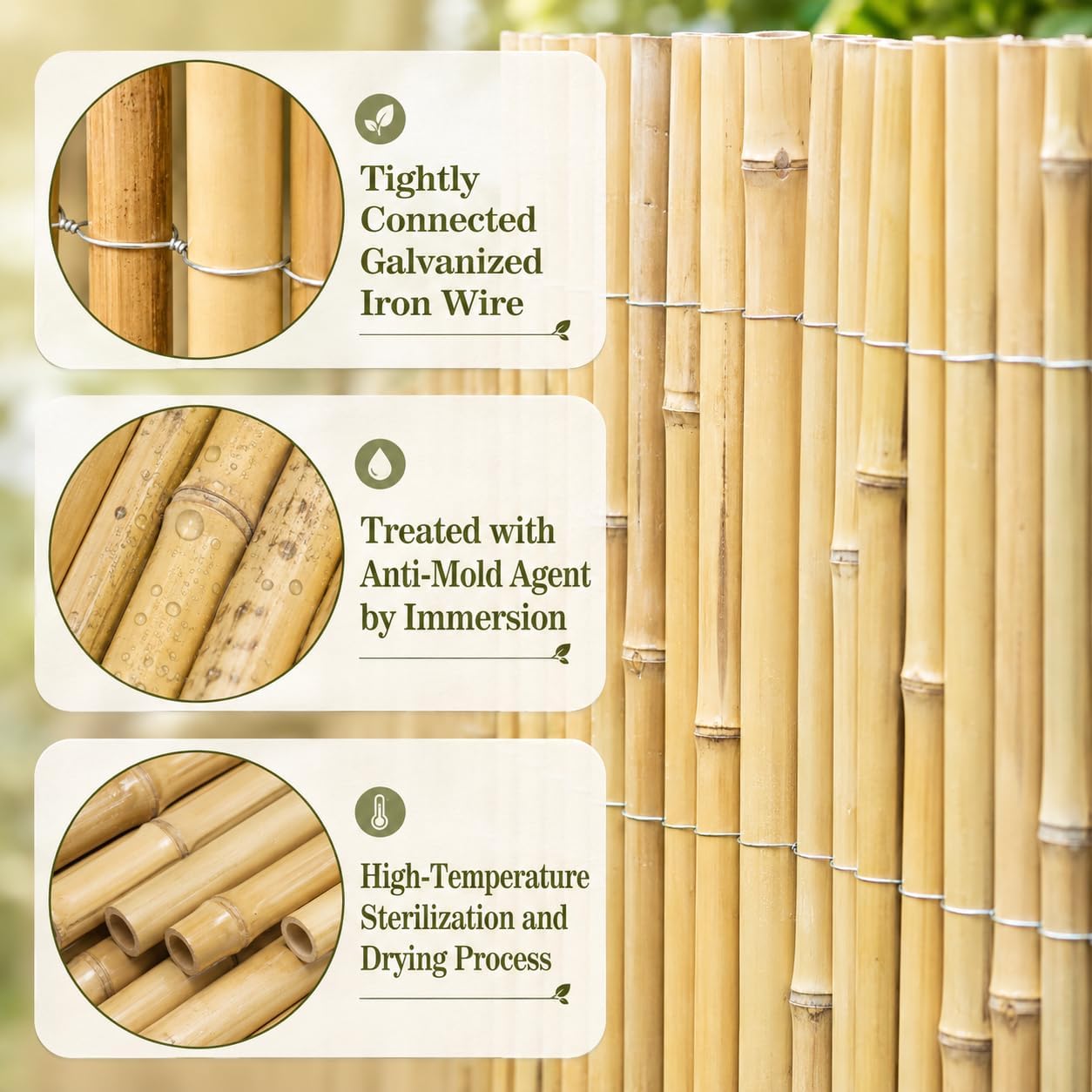 3 x 6FT 0.9-1.1in Large Diameter Bamboo Fence Panel for Garden, Patio, Pool, Balcony & Indoor Divider