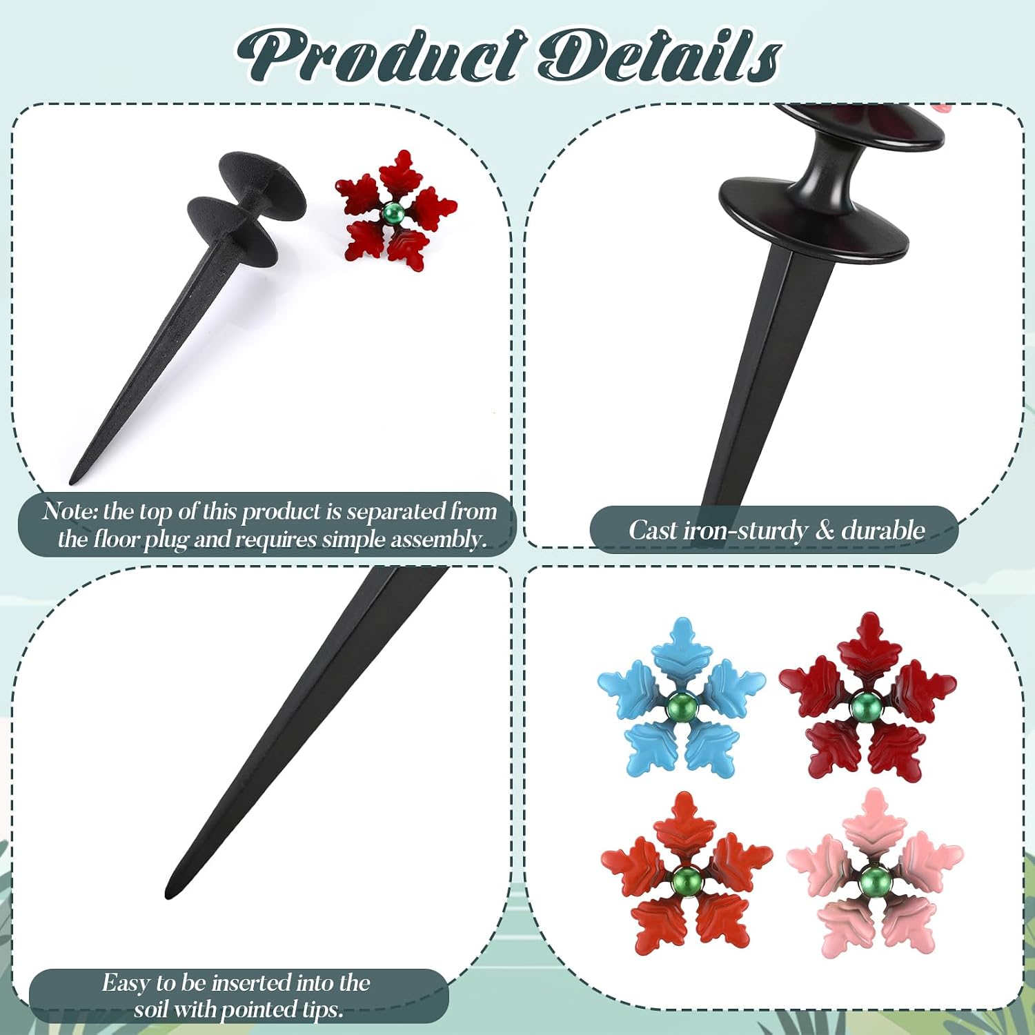 Zonon 4 Packs Hose Guide Spike Decorative Flower Cast Iron 11-inch Metal Heavy Duty Garden Hose Guide Stakes Heavy Duty