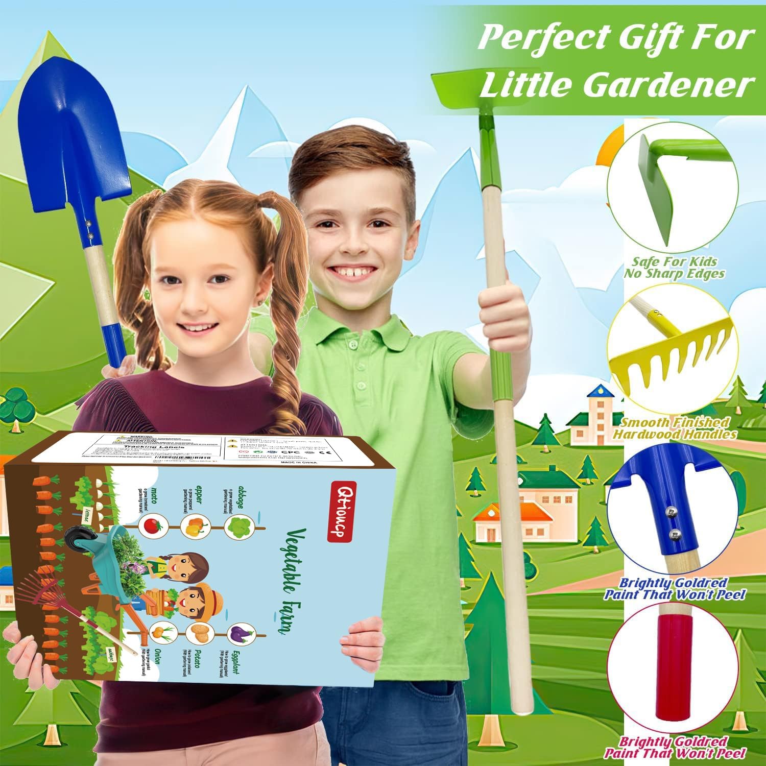 Qtioucp Kids Gardening Set with Wheelbarrow, Real Metal Garden Tools for Kids Ages 3-8, 4 Long Handle Tools, 3 Hand