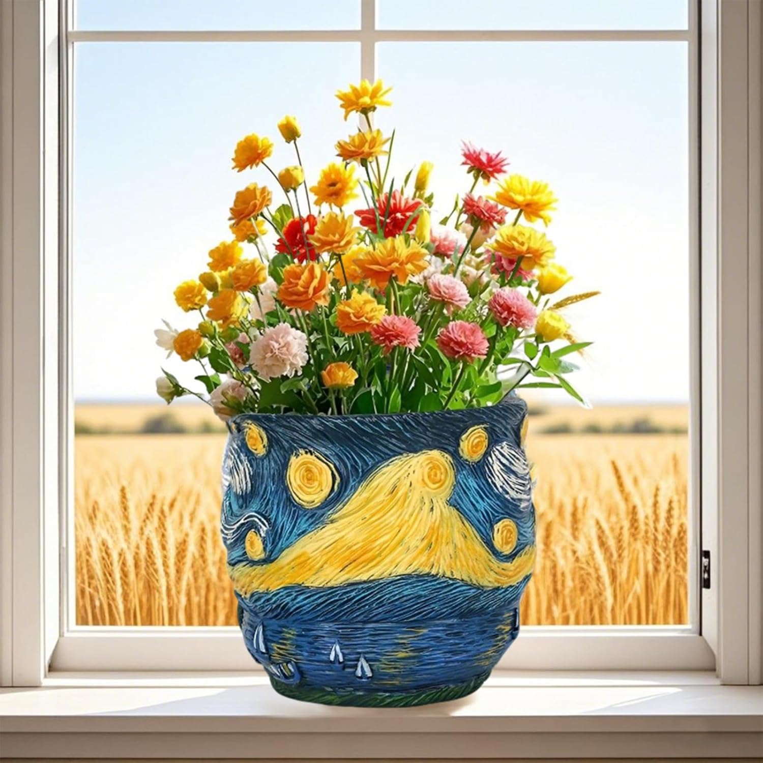 Starry Night Planter Pot, Van Gogh Flower Pot, Unique Resin Vase for Plants
