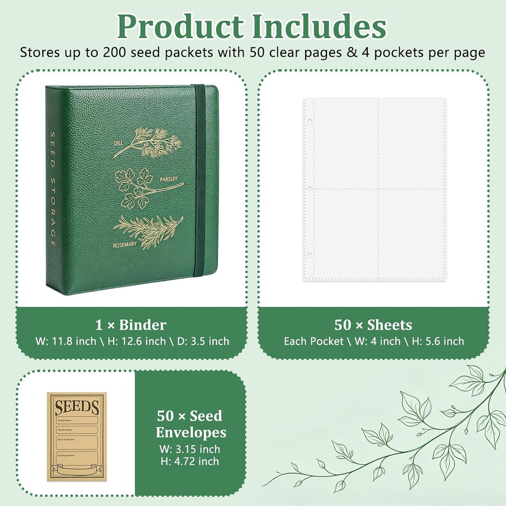 Seed Storage Binder Organizer for 200 Seed Packets 50 Sheets | Includes 50 Reusable Seed Envelopes and 50 Sheet