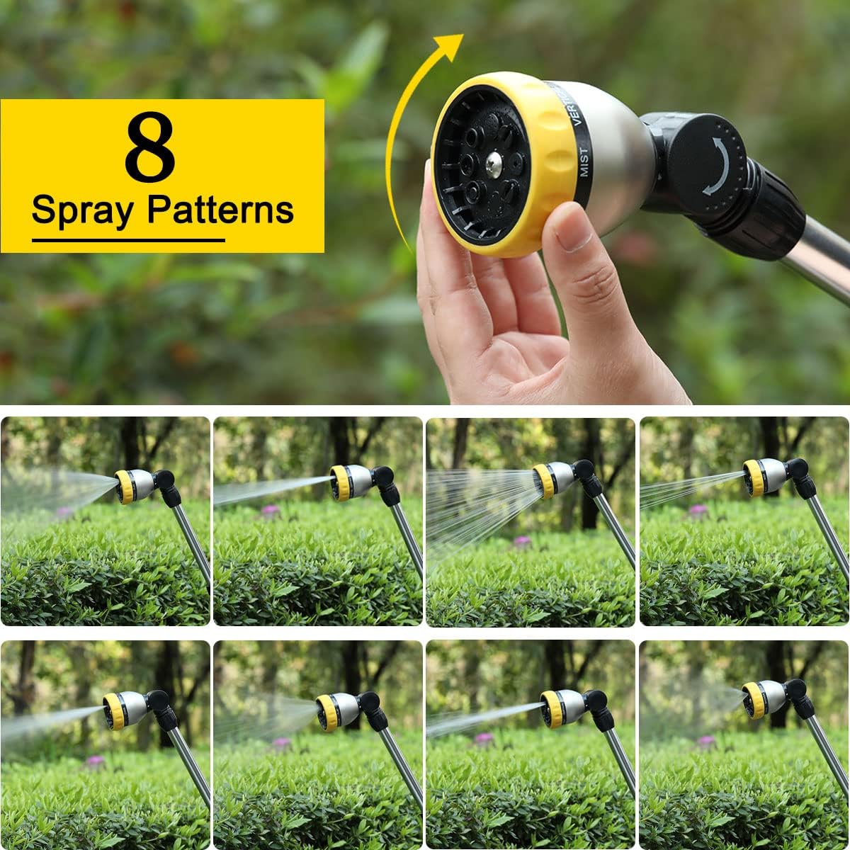 FANHAO 16 Inches Garden Watering Wand, 180° Rotating Head Hose Wand with Thumb Control Shut Off Valve 8 Patterns Heavy