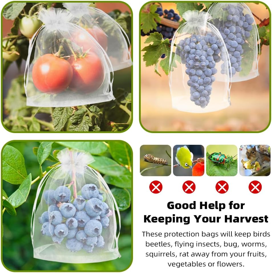 100Pcs Fruit Protection Bags 8''×12'' Fruit Netting Bags for Fruit Trees White Fruit Netting Cover Mesh Bags with
