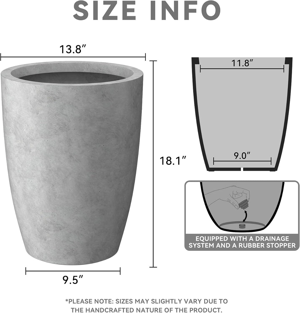 Kante Small Round Tapered Pale Gray Concrete Planter 18.1" Tall, Outdoor | Rubber Plug for Indoor, Drainage for Garden