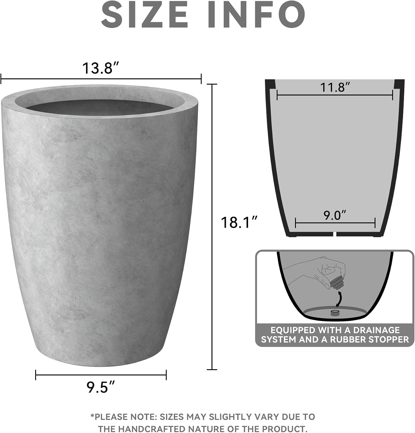 Kante Small Round Tapered Pale Gray Concrete Planter 18.1" Tall, Outdoor | Rubber Plug for Indoor, Drainage for Garden