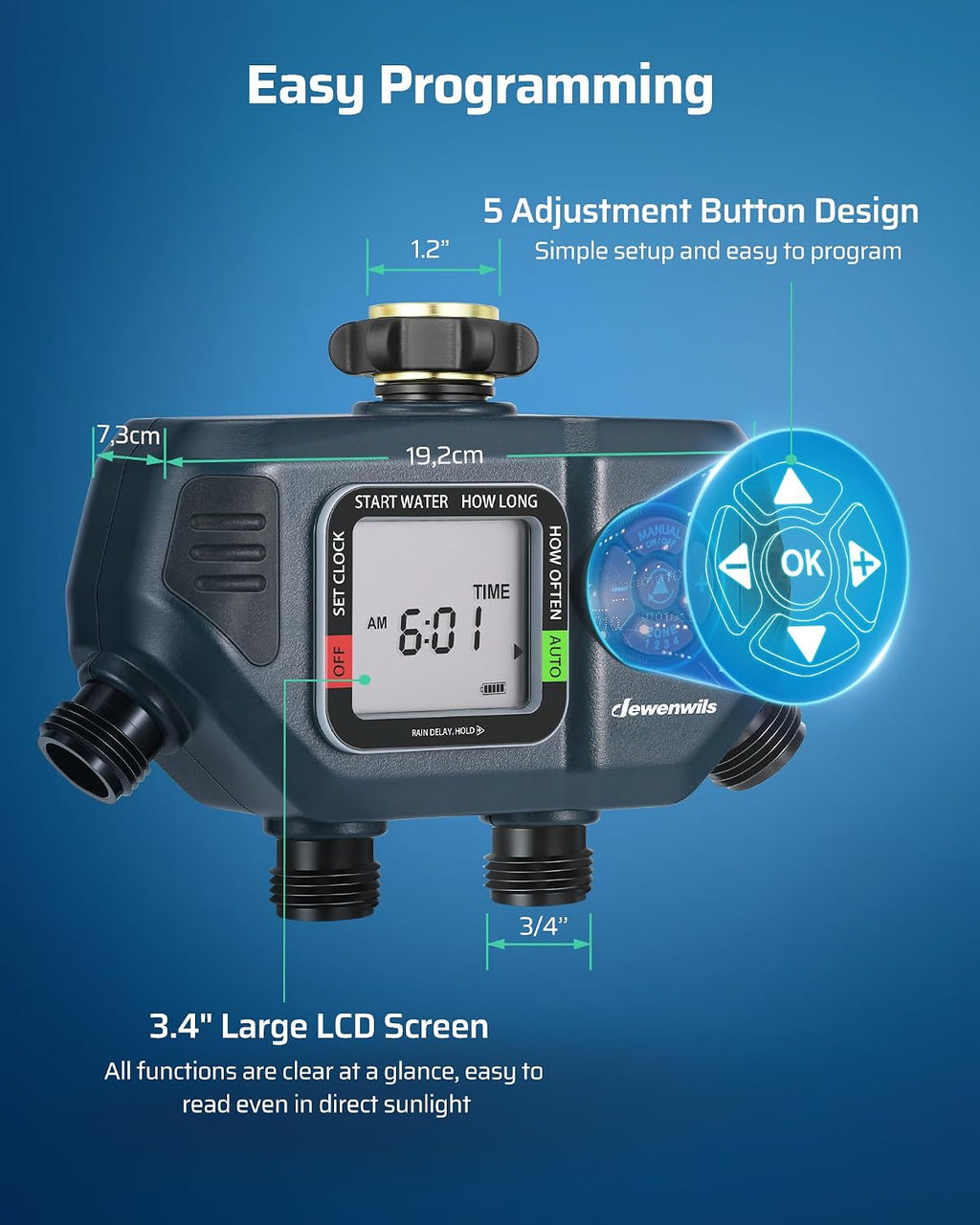DEWENWILS Sprinkler Timer 4 Zone, with Rain Delay/Manual/AUTO Irrigation | 120Psi Pressure, Independent Control