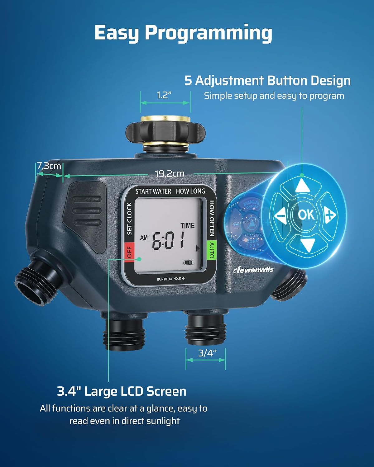 DEWENWILS Sprinkler Timer 4 Zone, with Rain Delay/Manual/AUTO Irrigation | 120Psi Pressure, Independent Control