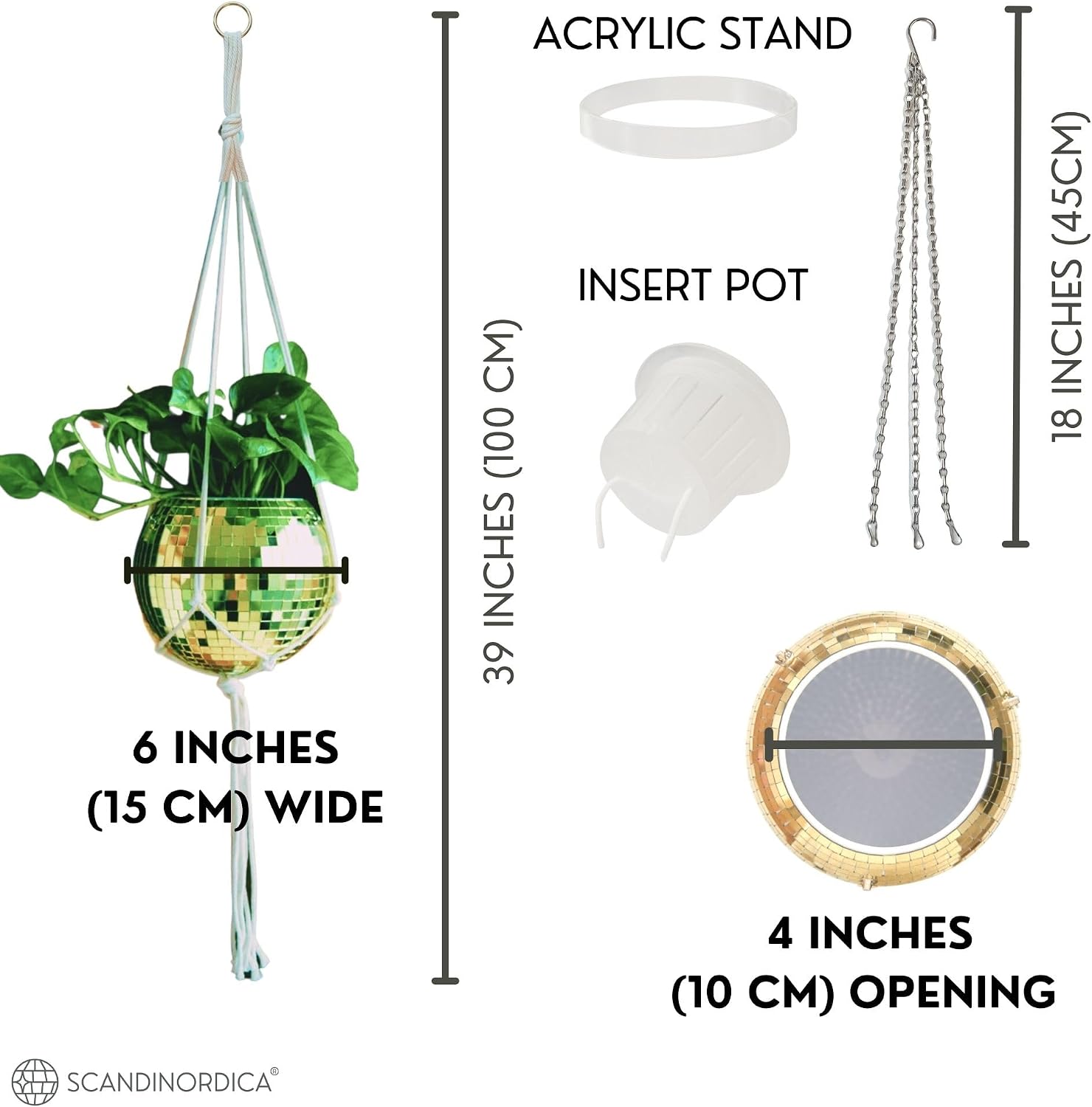 Disco Ball Planter – Value Package: Mirror Disco Planter with Chain, Macrame Hanger and Acrylic Stand for Desk