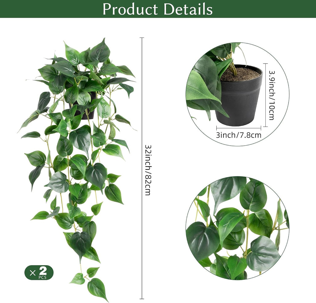 Fake Hanging Plants with Pots - Realistic Artificial Plant for Indoor Outdoor, 33In Silk Fake Potted Plants, 2PC Faux