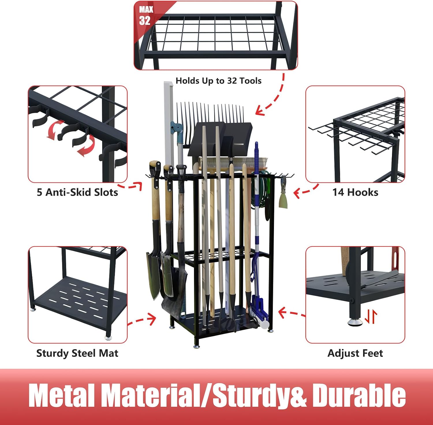 Faesun Garden Tool Organizer, 3-Tier Metal Yard Tool Rack with 14 Hooks & 5 Slots, Holds 50+ Rakes/Shovels/Brooms