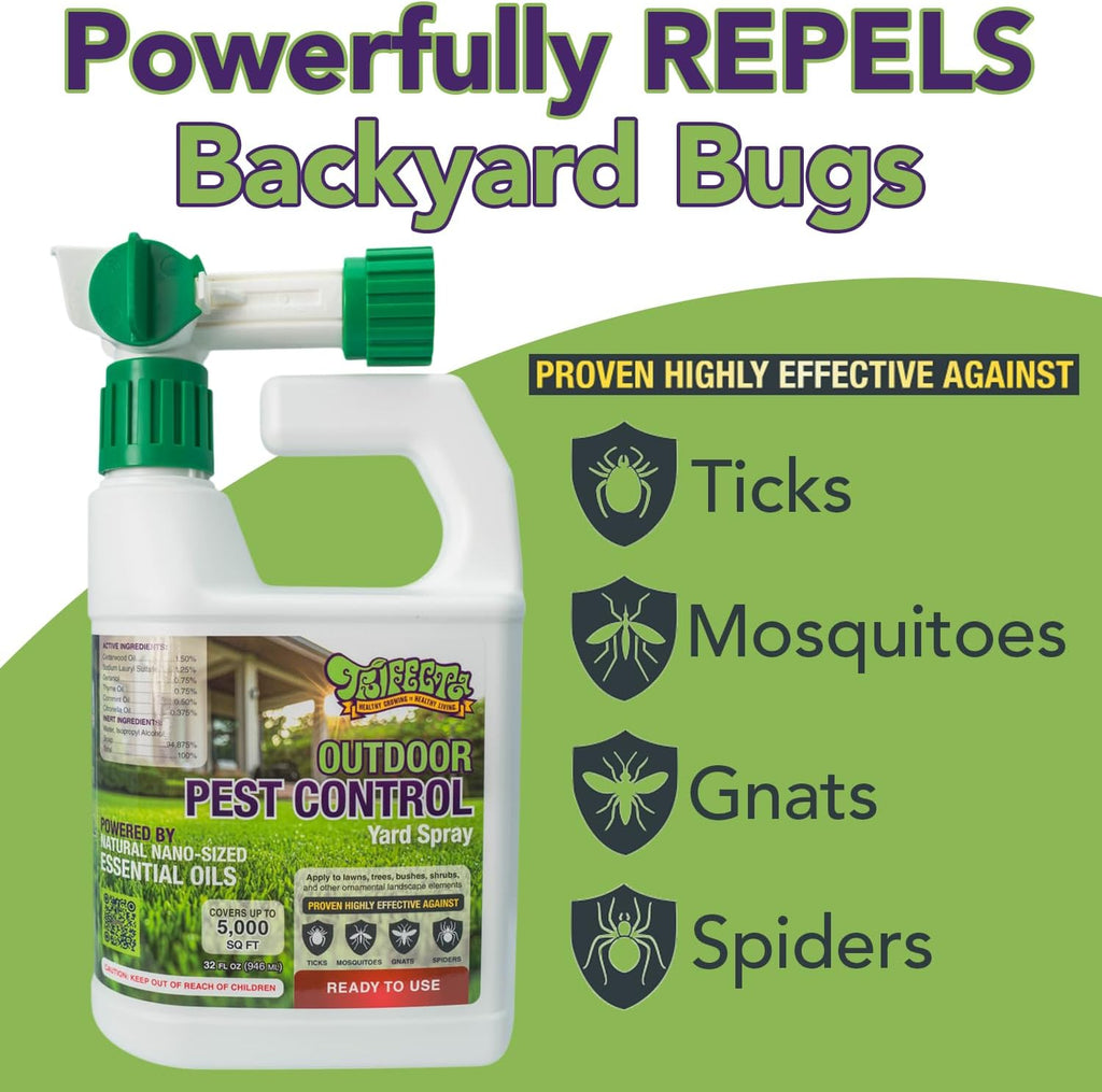 Trifecta Ready-to-Use Outdoor Pest Control Spray | 32 oz | Essential-Oil Yard Spray For Mosquitoes, Ants, Fleas, Ticks