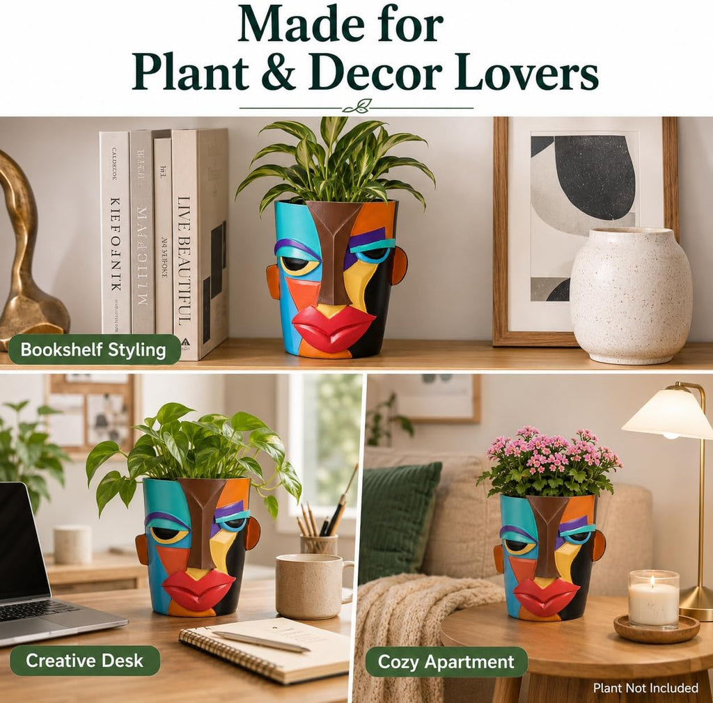 Abstract Face Planter Pot, Modern Face Planter for Indoor Plants, Colorful Cubist-Inspired Resin Plant Pot for