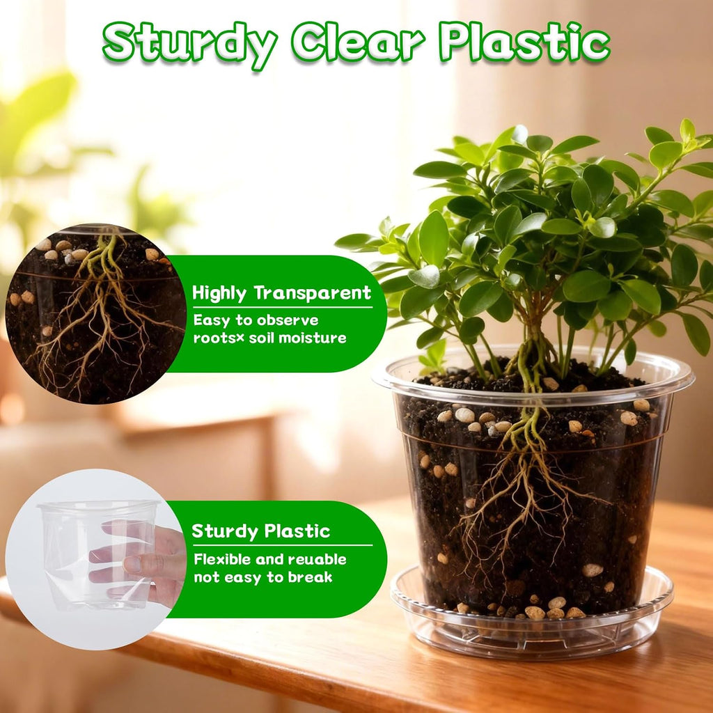 3/4/5/6/7 Inch Clear Nursery Pots with Drainage Holes and Saucers 30 Pack | Transparent Plastic Pots for Plants Flowers