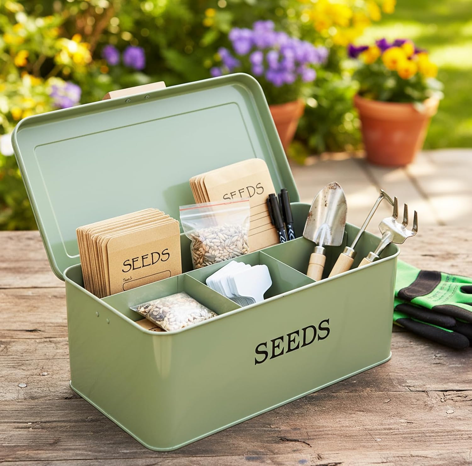 Seed Storage Organizer with 4 Dividers,Metal Seed Saving Box with Lid, Seeds Bin Storage Container Kit with 2 Pens,20