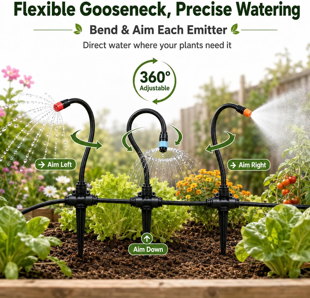 100FT 5/16" Drip Irrigation Kit, 18 Emitters for Raised Beds | 18 flexible gooseneck emitters with 3 spray modes for
