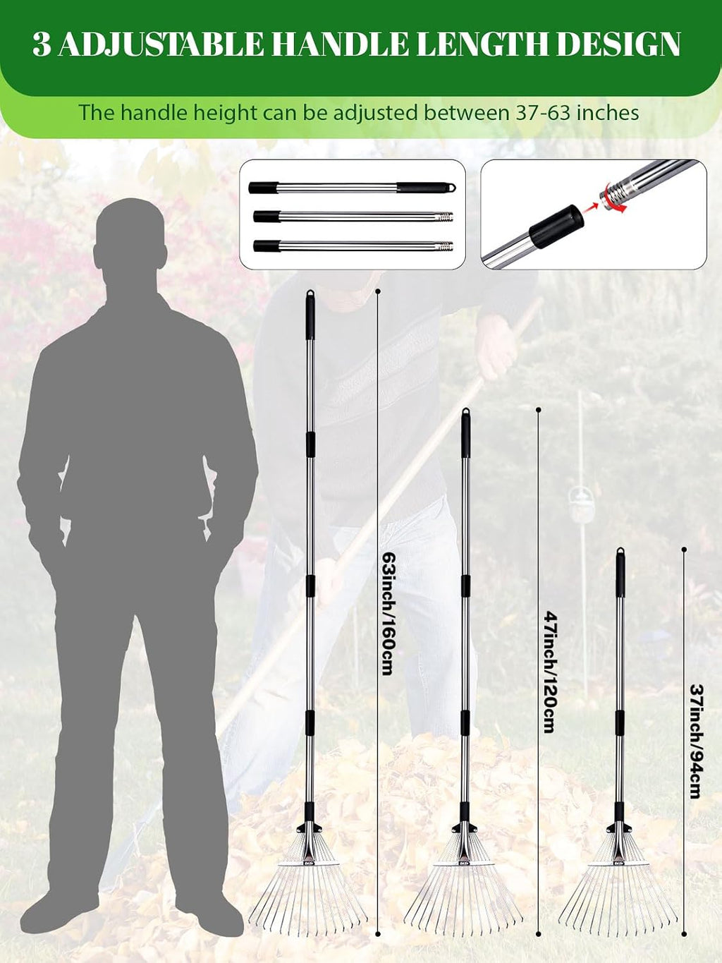 Adjustable Metal Leaf Rake Set Garden Rake for Leaves Long Handle 37"-63" Expandable Head Gardening Tools Set Includes
