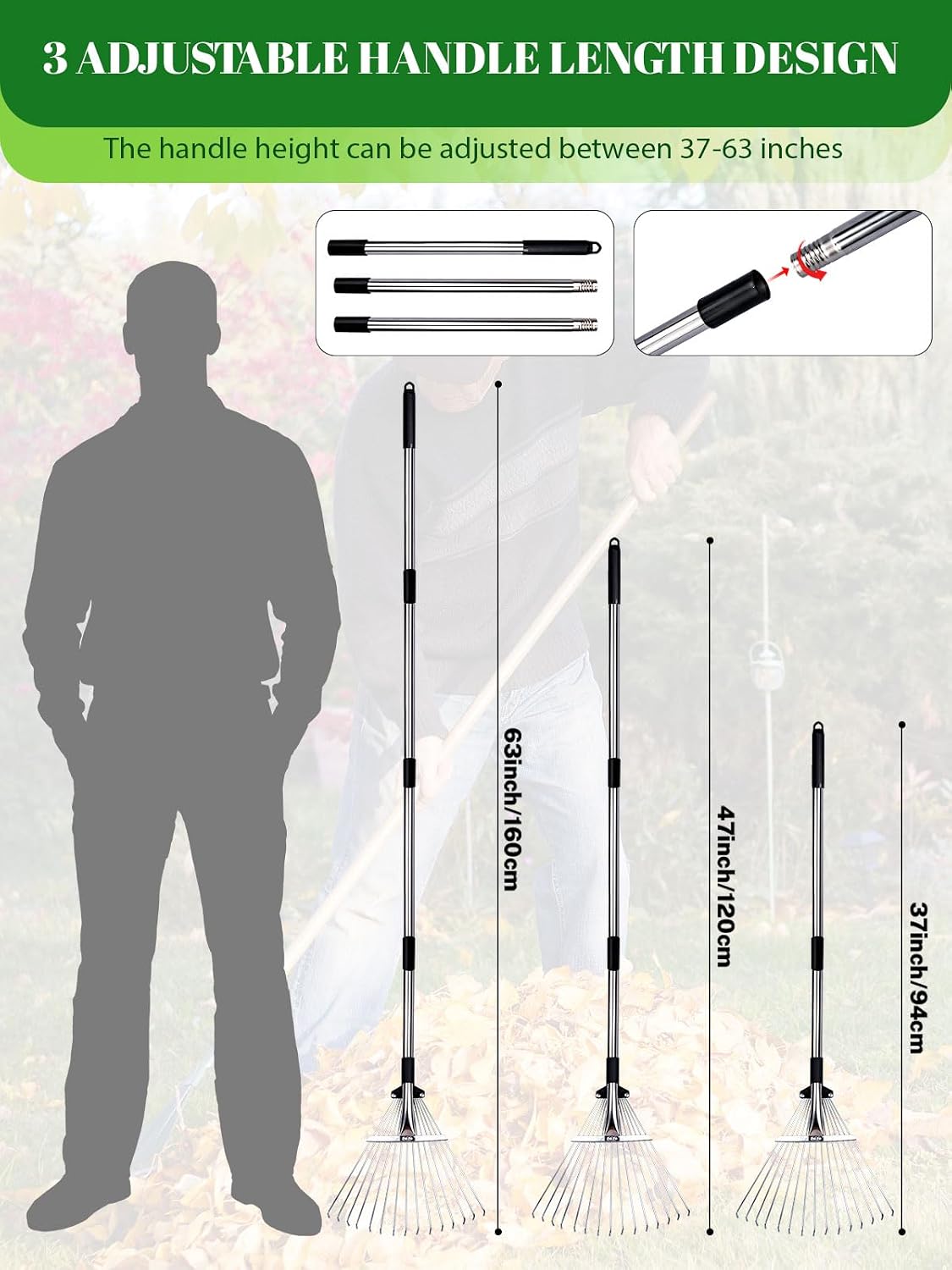 Adjustable Metal Leaf Rake Set Garden Rake for Leaves Long Handle 37"-63" Expandable Head Gardening Tools Set Includes