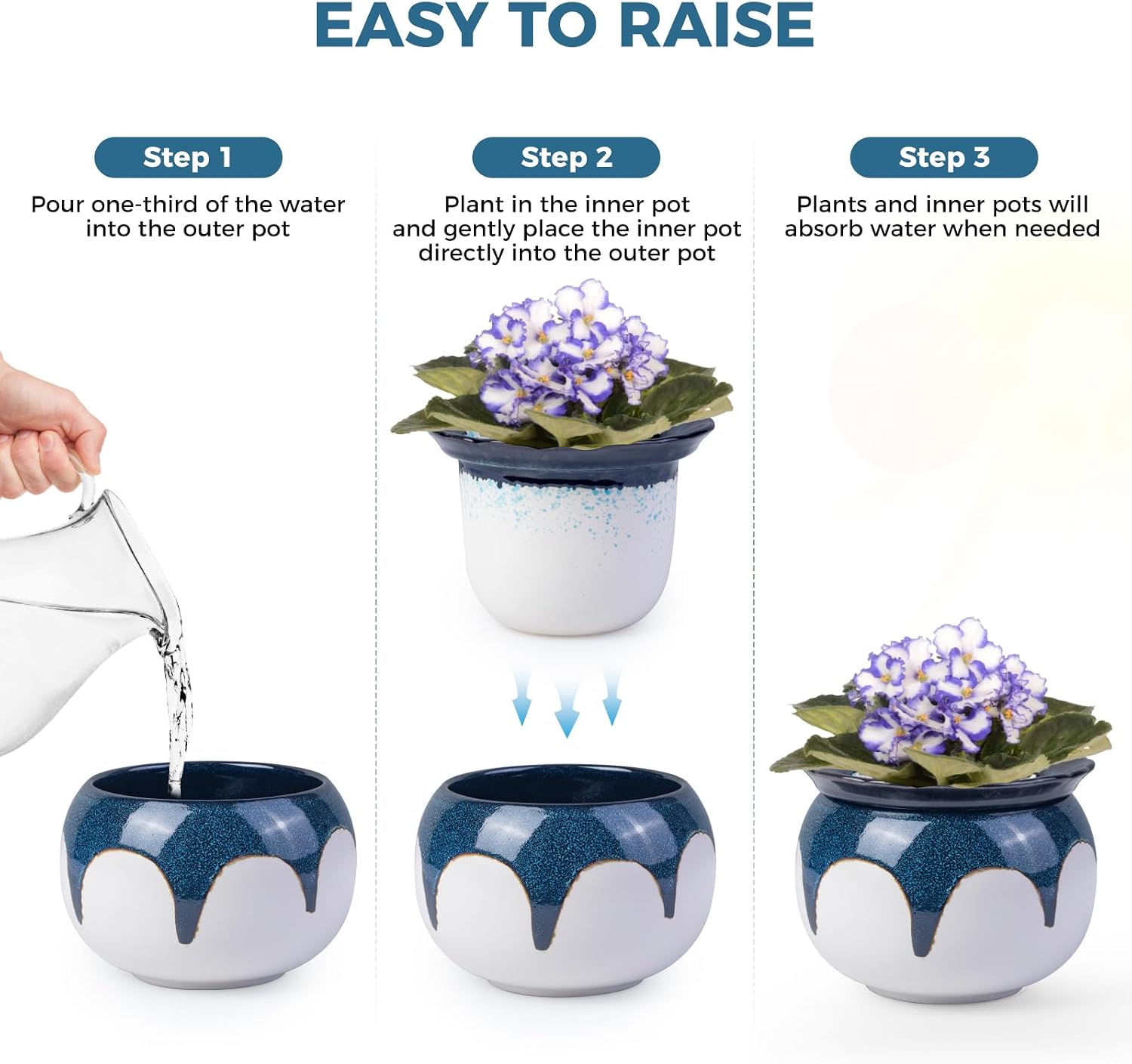 BUYMAX African Violet Pots, 6 inch Ceramic Easy Self Watering Plant Pot for Busy Plant Lovers, Automatically Absorb
