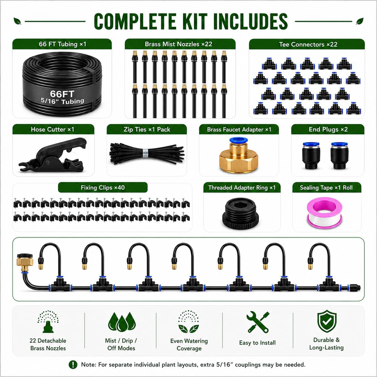 66FT 5/16" Garden Watering Kit with 22 Brass Nozzles | 22 brass nozzles, 5/16" tubing, brass faucet adapter