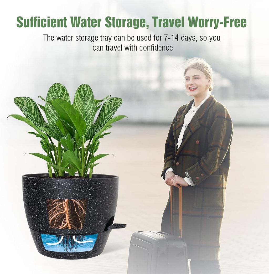 WOUSIWER 10 inch Self Watering Planters, 2 Pack Large Plastic Plant Pots with Deep Reservior and High Drainage Holes