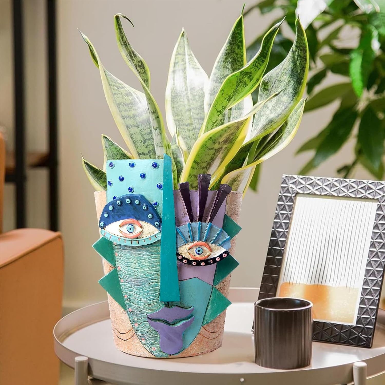 Mrlikale Abstract Face Planter Pots, Unique Head Planter with Drainage Hole | 6.4 Inch Hand-Painted Mask Flower Pot for