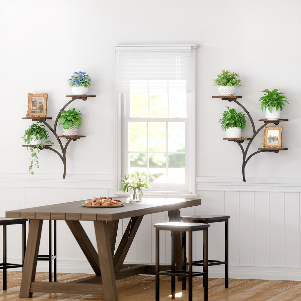 2 Pack Wall Mounted Plant Holder, 8-Tier Wall Planters for Indoor Plants | Metal and Wood Wall Planters, Easy To