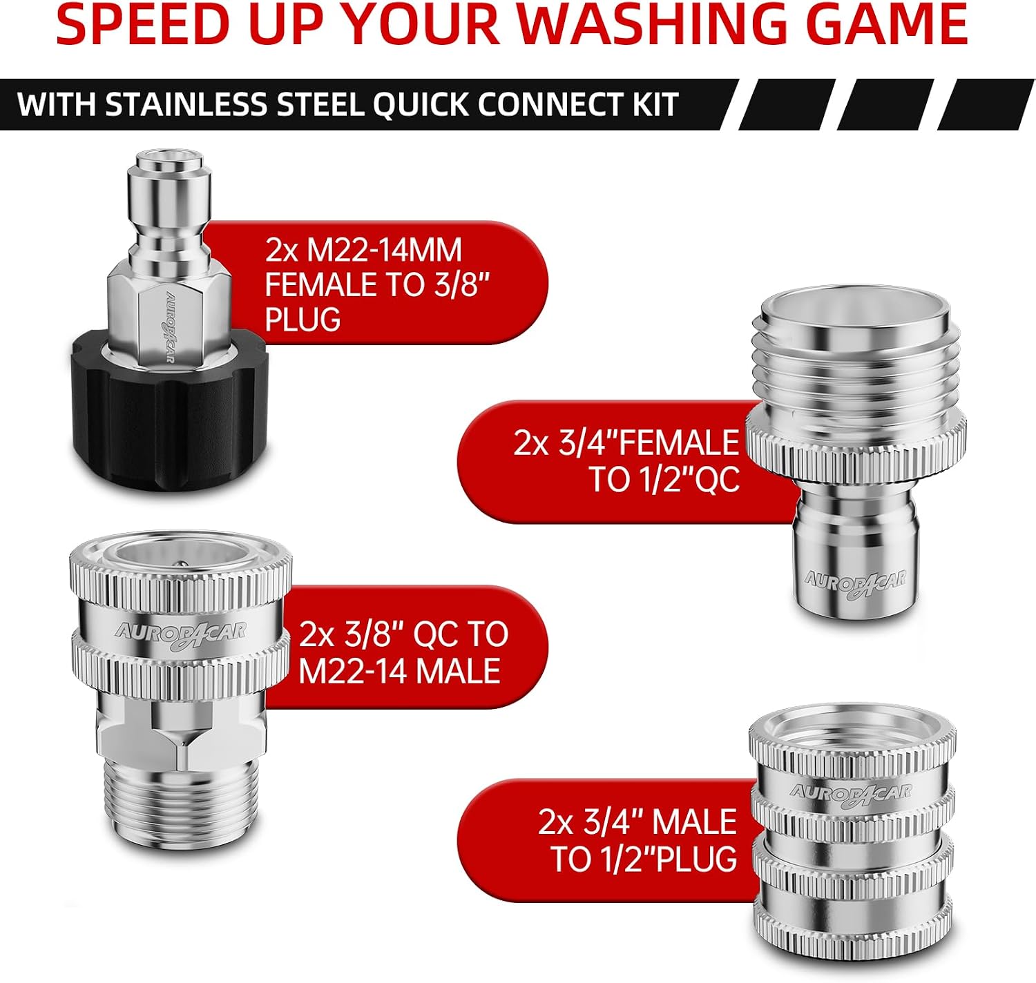 AURORA CAR Pressure Washer Quick Connect Kit, Stainless Steel Adapter 8 Pcs | Pressure Washer Adapter Set, M22-14mm