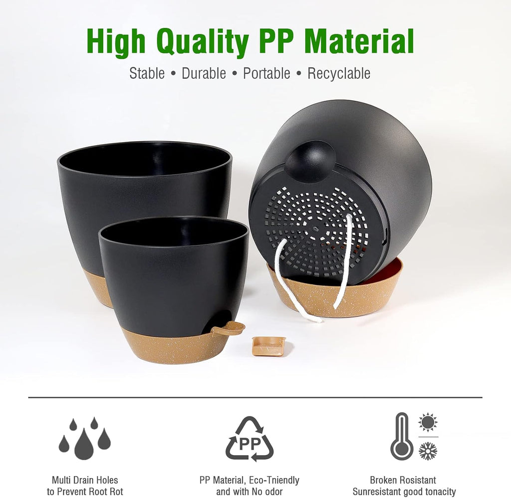 UOUZ Large Self Watering Pots, 12/10/9 Plastic Planters with High Drainage Holes and Deep Reservoir for Indoor Outdoor