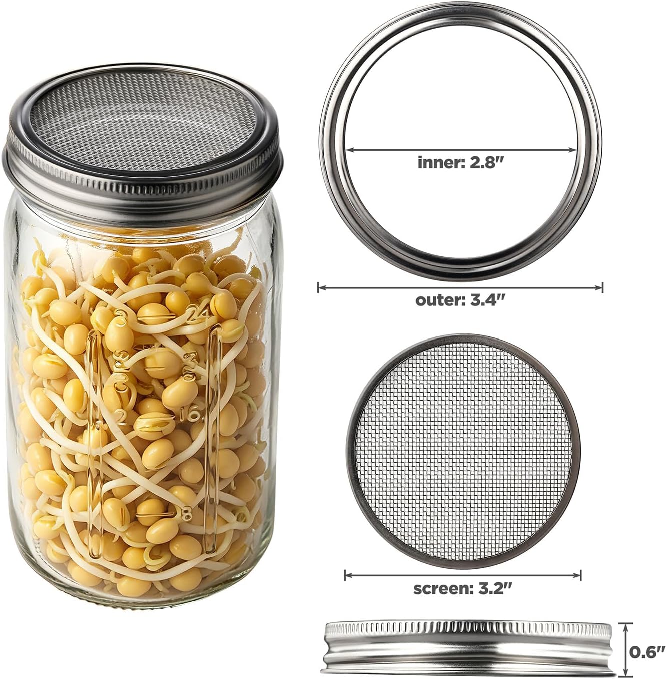 2PCS 1000ML Sprouting Jars with 86mm Wide Mouth Mason Jar with Stainless Steel Screen Sprout Lids,3.7X6.5 inches