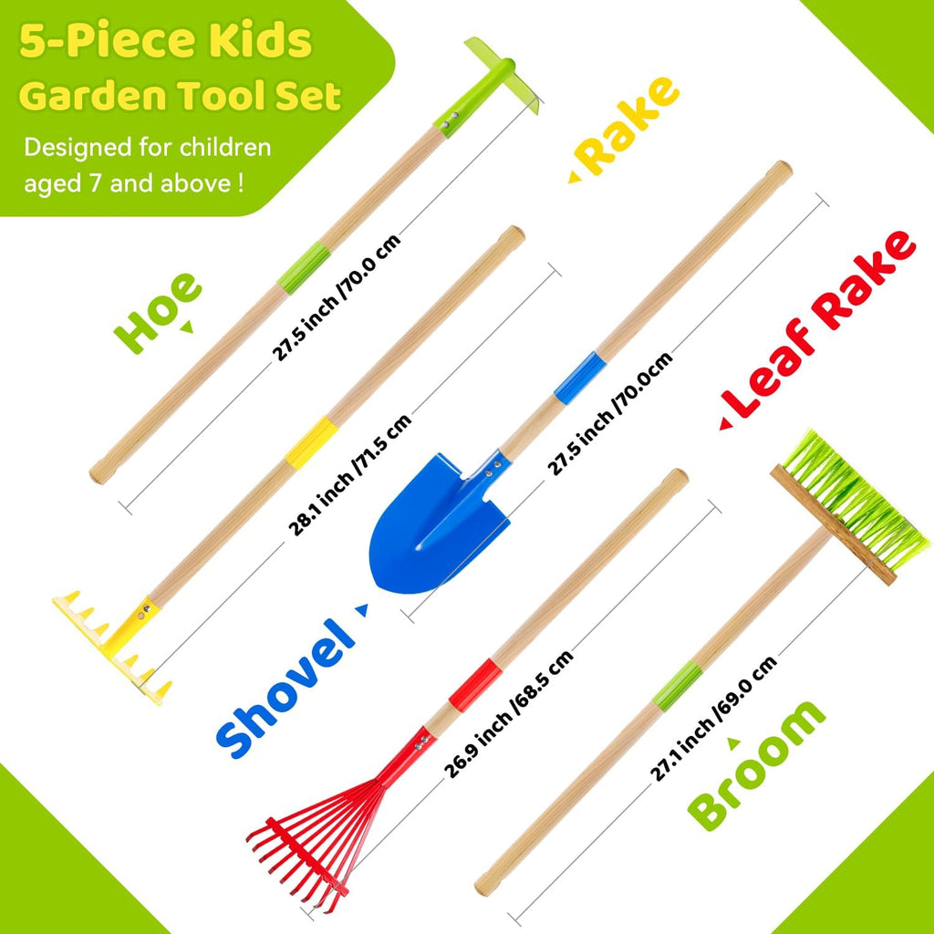 Theefun Kids Garden Tool Set 5pcs, Toddler Hoe Rake Shovel Leaf Rake Broom | Safe Kids Gardening Tools with Wooden