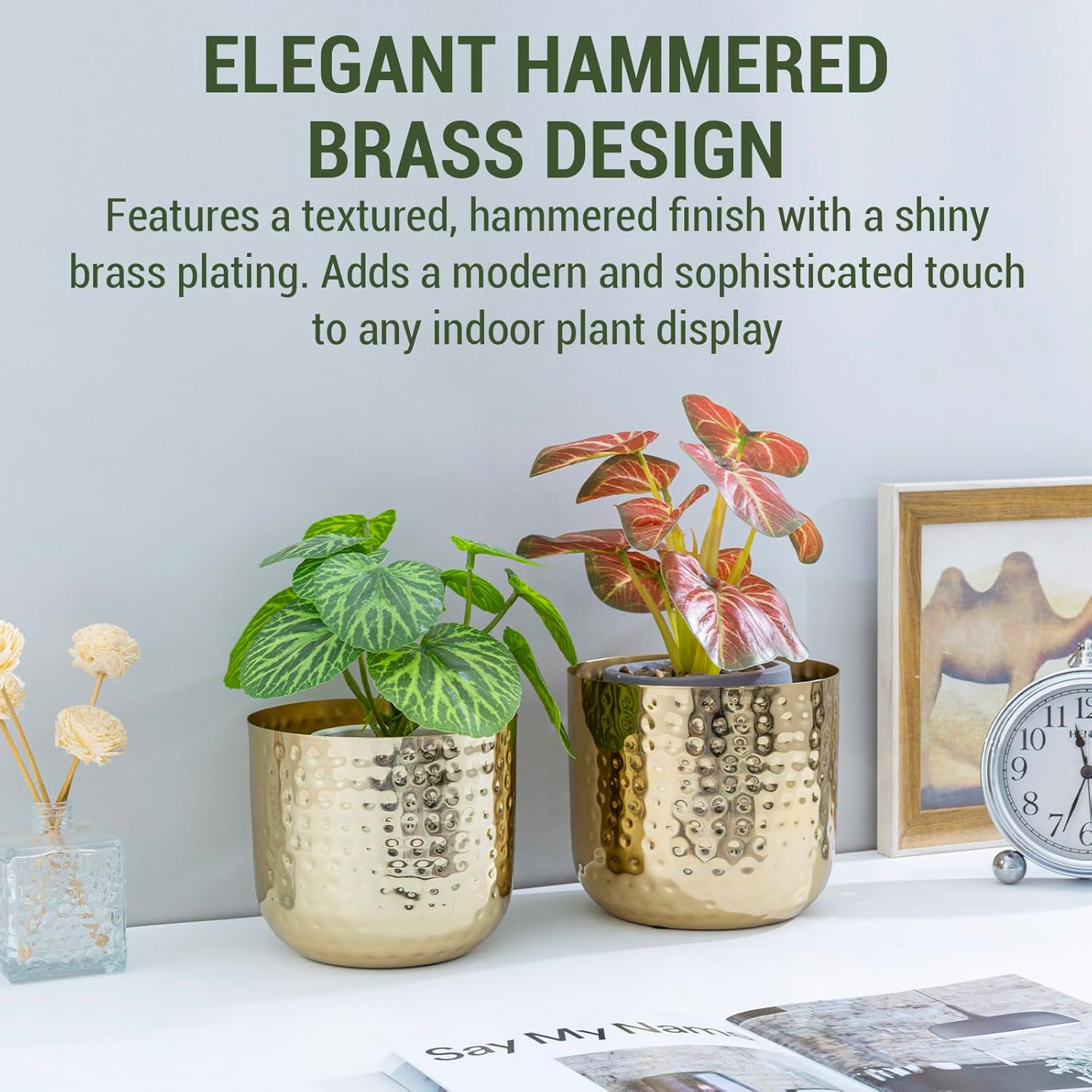 MyGift Modern Hammered Brass Plated Metal Planter Pots – Set of 2 Indoor Plant Containers, 6 & 5-Inch Cylindrical