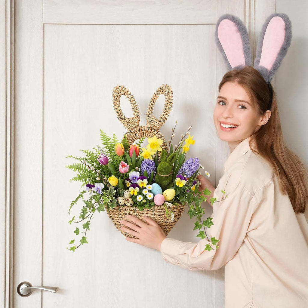 LemonRoad 16.1 Inch Easter Bunny Basket Easter Bunny Woven Wicker Basket Hanging Wall Rabbit Pocket for Spring Front
