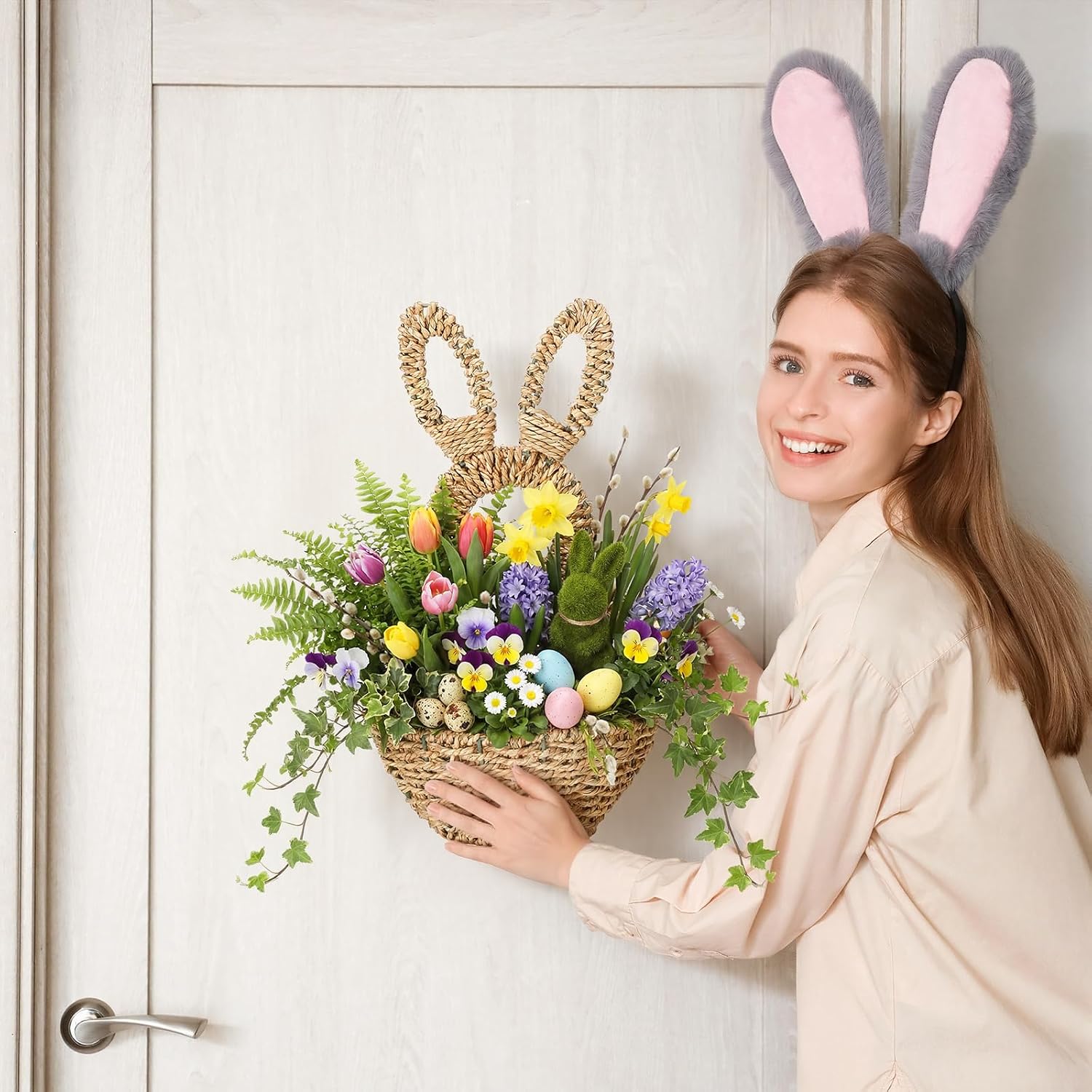 LemonRoad 16.1 Inch Easter Bunny Basket Easter Bunny Woven Wicker Basket Hanging Wall Rabbit Pocket for Spring Front