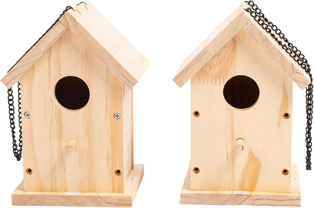 HPC Decor 2 Pack Bird Houses for Outside w/Chain,Natural Wooden Birdhouses Kit for Outdoors w/Predator Guard,Hanging