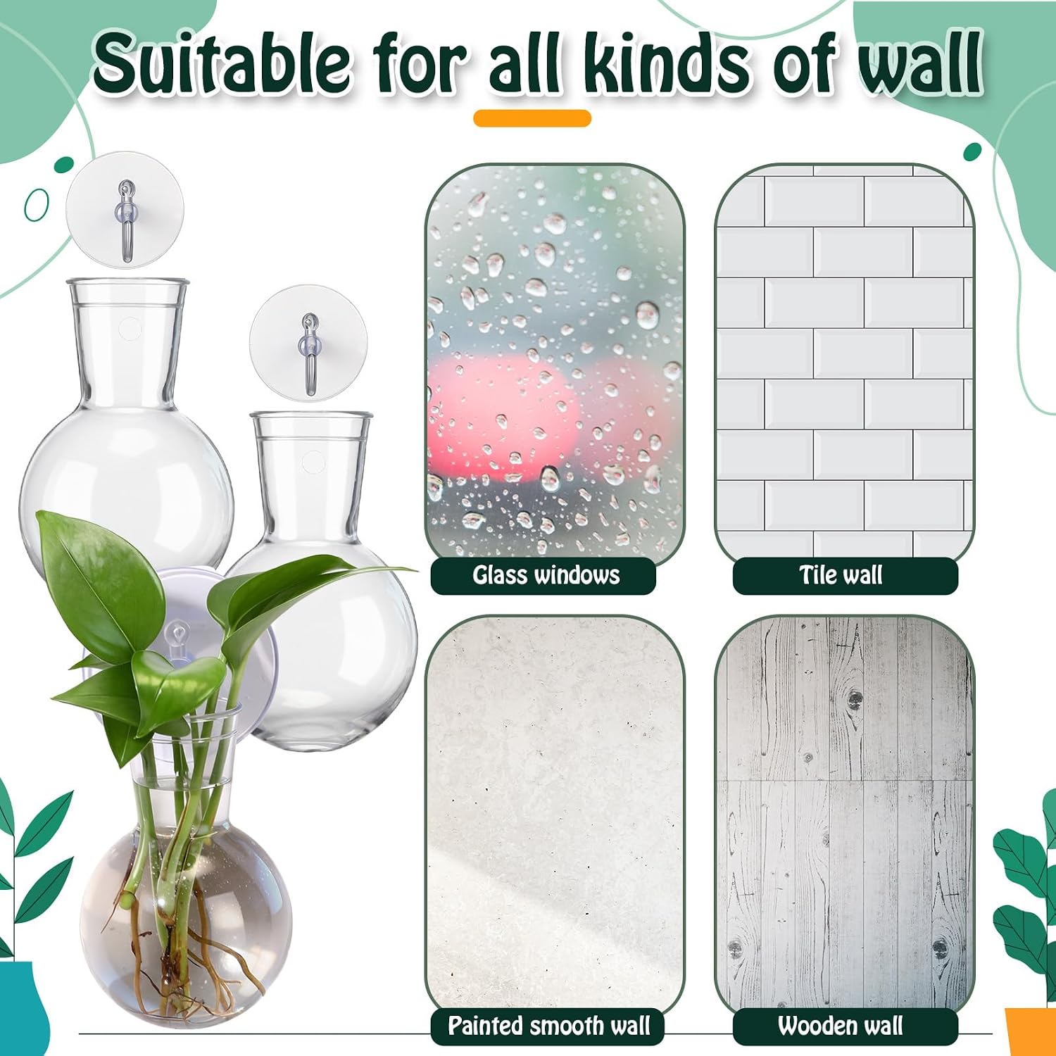 12 Pack Window Propagation Stations Plastic Wall Hanging Planter with Suction Cups Brush Window Suction Plant Holder