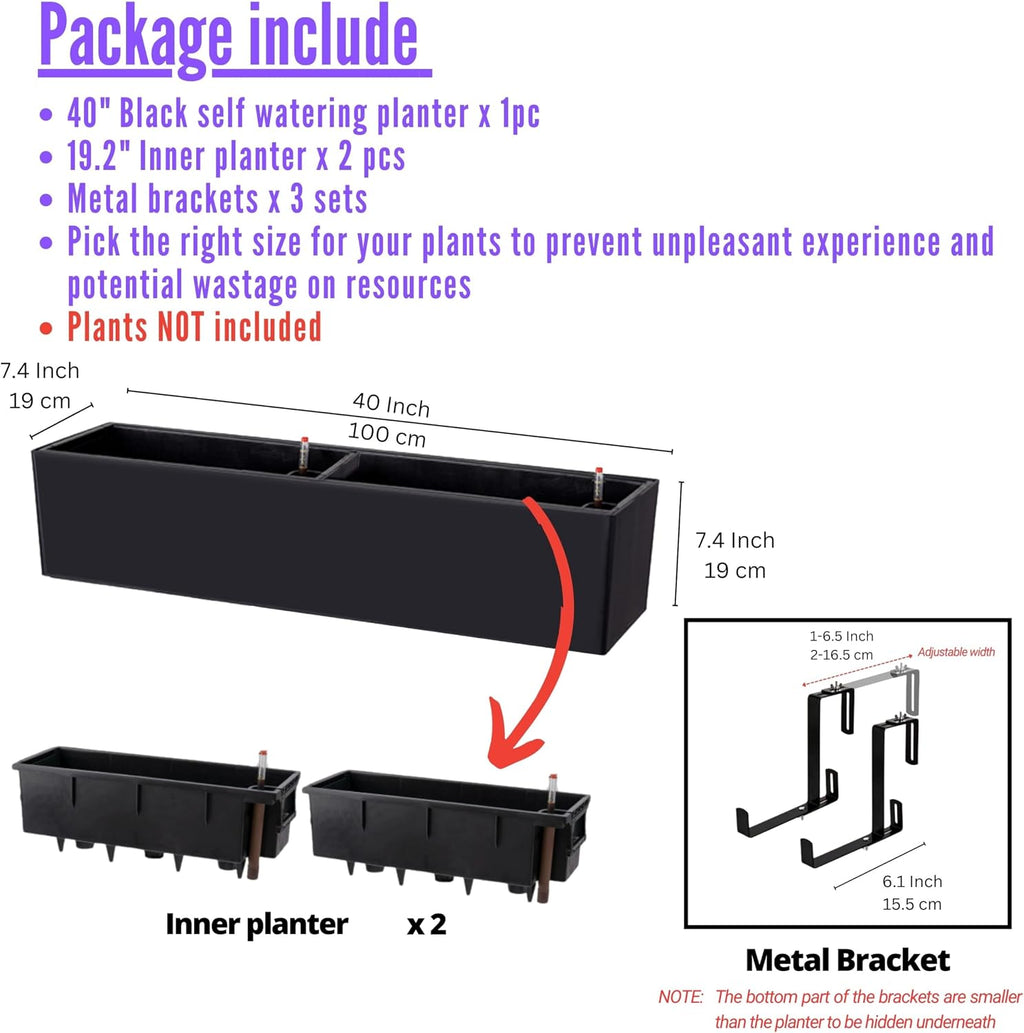 LaLaGreen Rail Planter for Balcony Outdoor (1 Pack, 40 Inch) Large Black Self Watering Railing Planters with Brackets