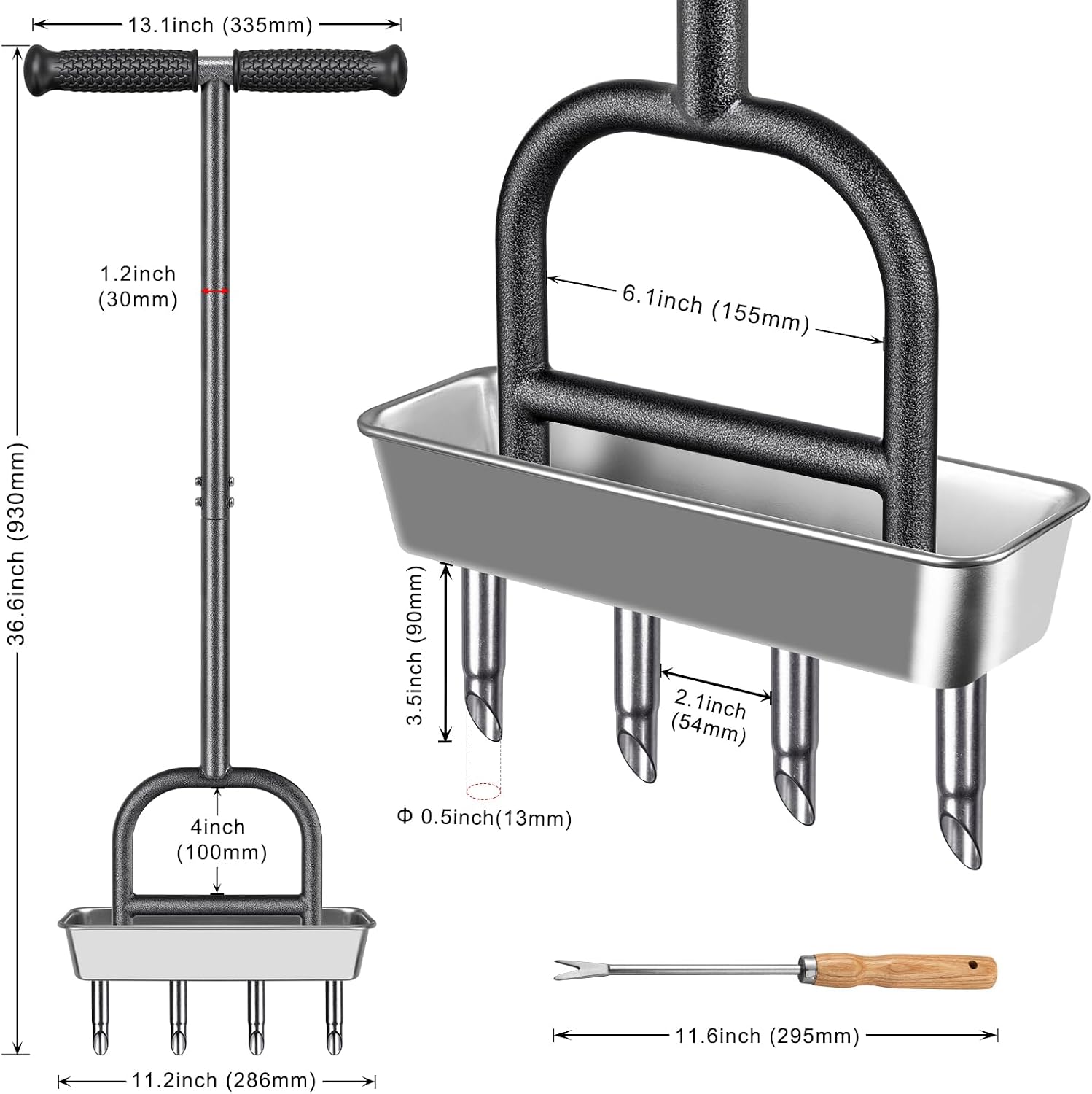 Lawn Coring Aerator Tool, 4 Core Stainless Steel Manual Aerator | Removes Soil Plugs, Soft Rubber Grip, Durable