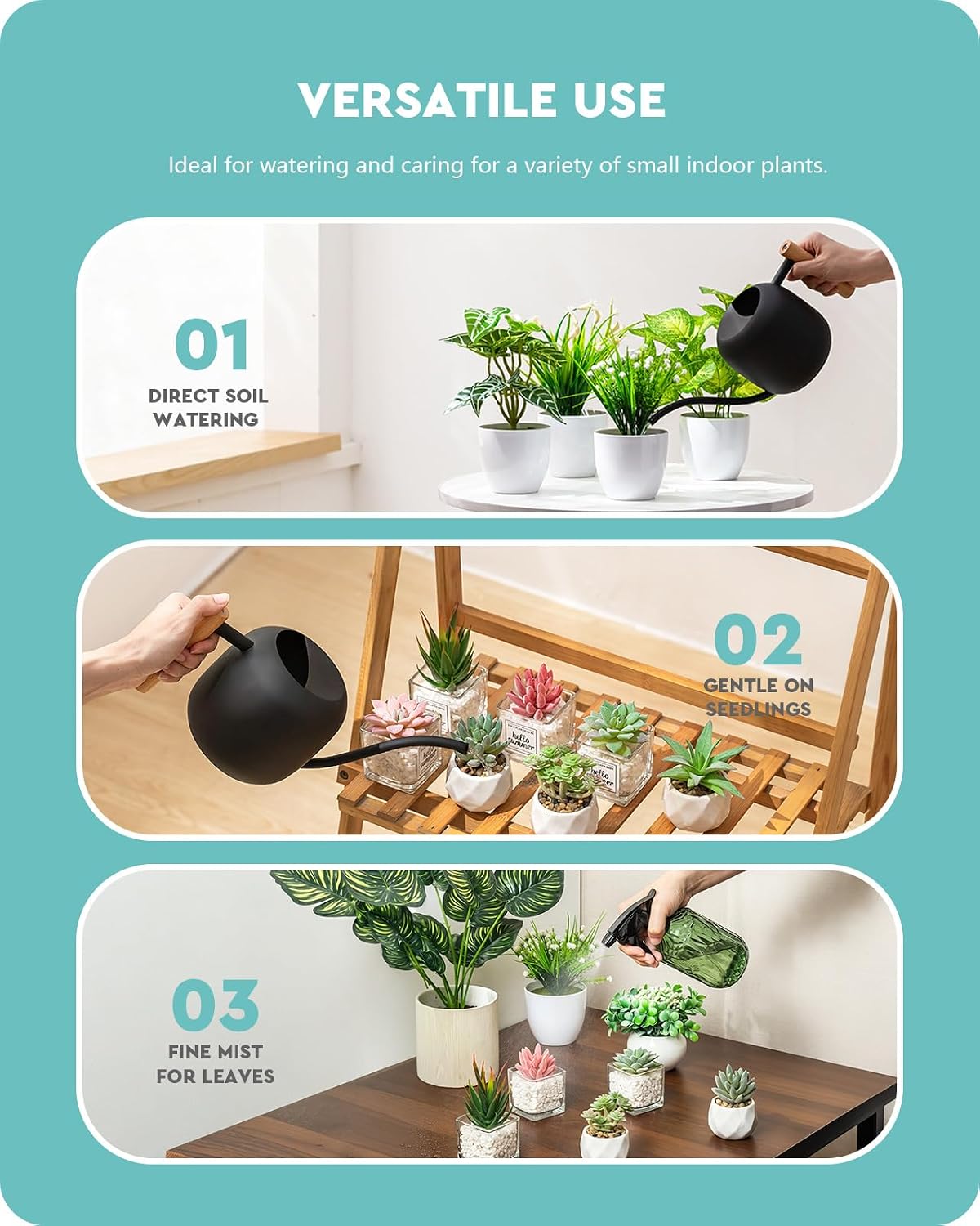 Baffect Indoor House Plants Watering Set for Bonsai, Orchid | Include Balck Metal Long Spout Watering Can (41oz) & Dark