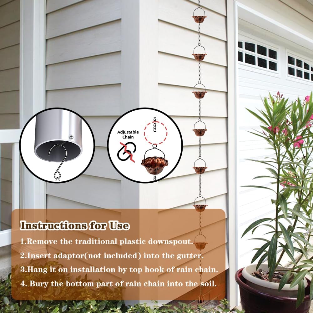 10ft Lotus Rain Chains for Outside Gutters, Eaves, Drainage | 12 Cups, Metal Rain Chain, Adjustable Length, Decorative