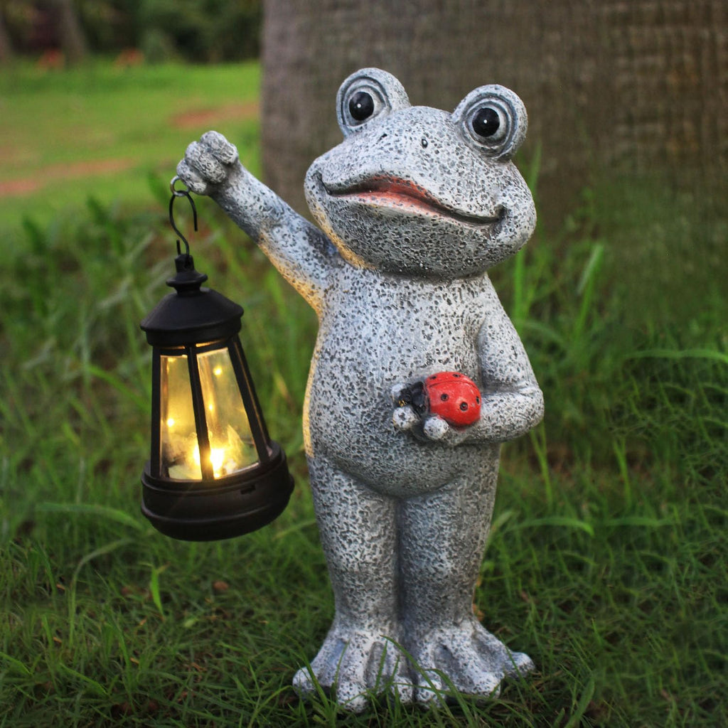 Solar Frog Garden Statue, Resin Figurine with Ladybug & Hanging Solar Lantern Outdoor Decor