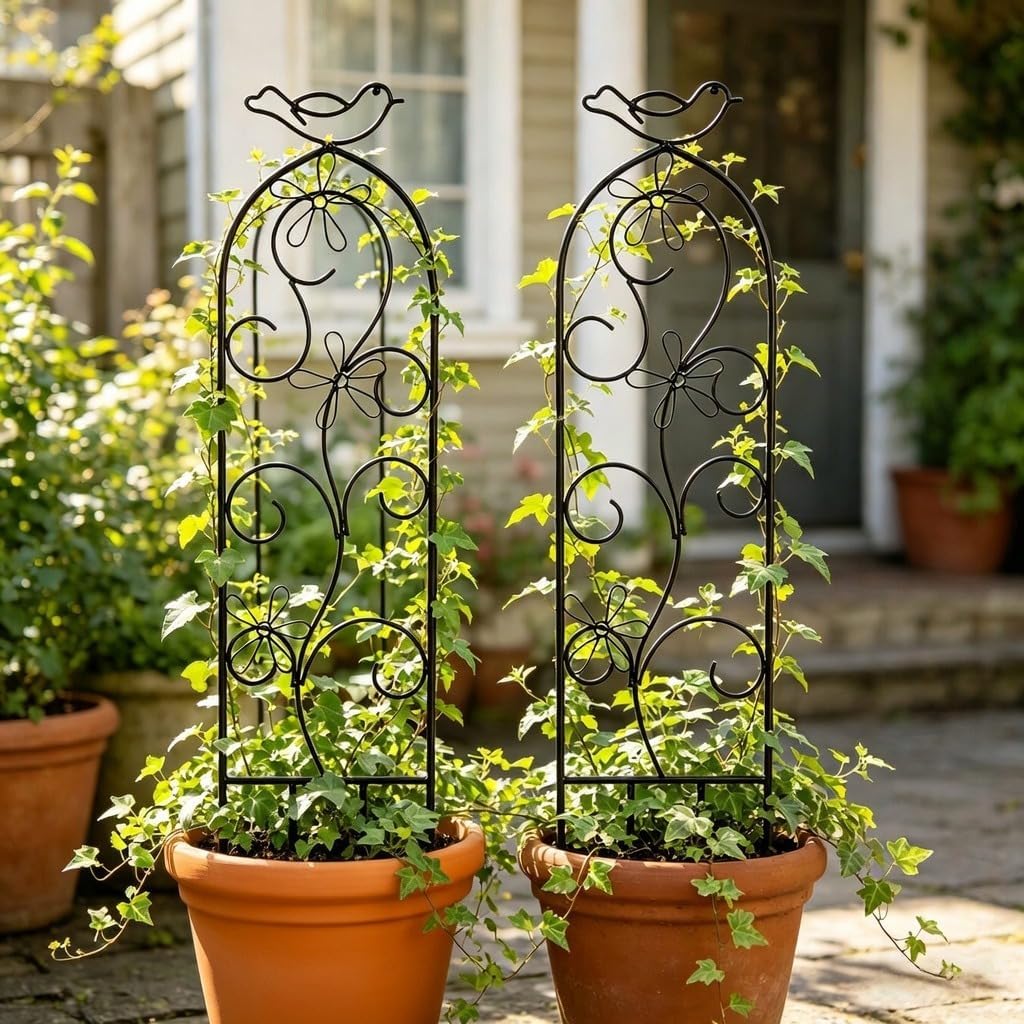 Hosley Set of 2 Iron Garden Trellis Panels – 28” Decorative Plant Support for Climbing Plants, Outdoor Yard, Patio