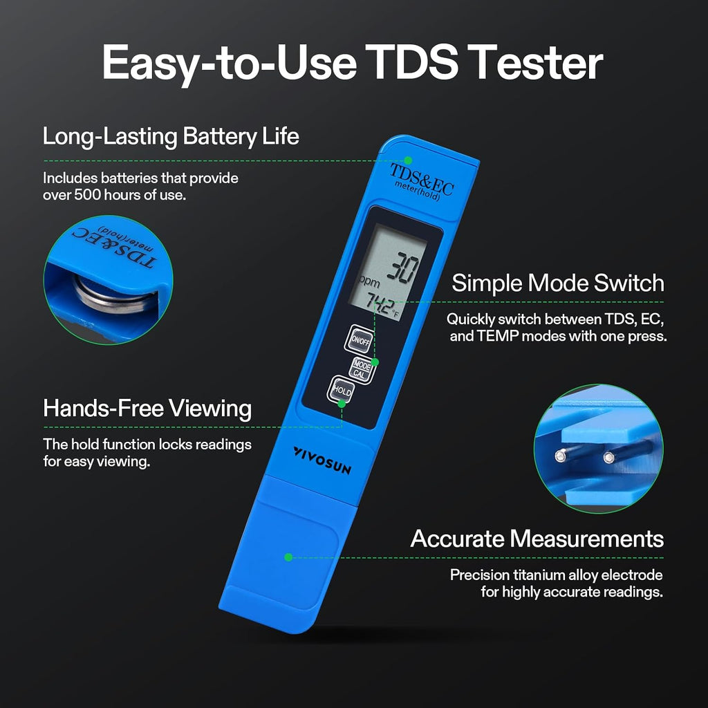 VIVOSUN Digital PH Meter, TDS and EC Pen for Water, Soil Moisture Tester for Hydroponics, Pool and Aquarium, Yellow